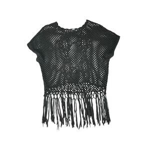 Black Sheer Open Knit Crochet Fringe Hem Shirt Size Medium Dark Boho Festival